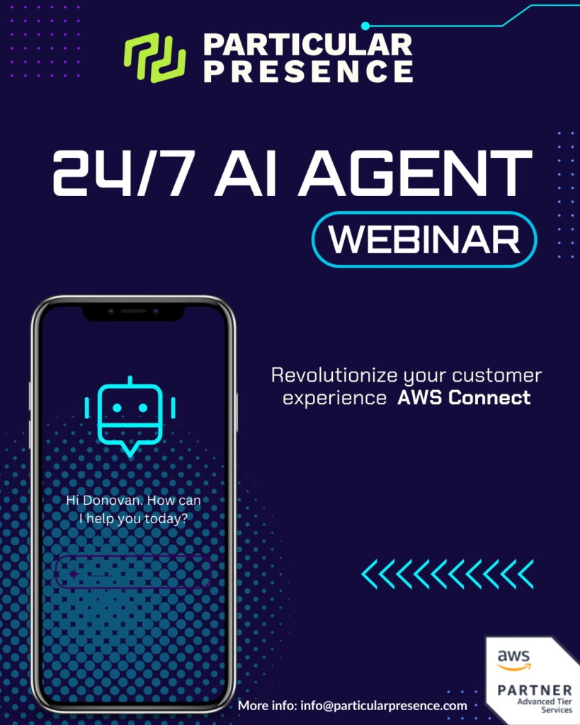 Image of a smart phone with a robotic image. Company logo Particular Presence Tech at the heading and the main text 24/7 AI gent Webinar